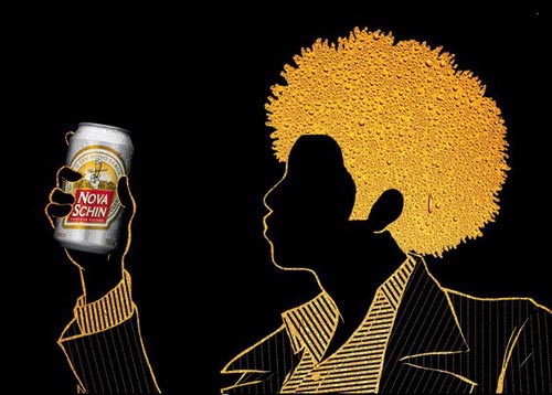 Nova Schin ads - Gold and black picture of 70's disco boy- great visual beer ads