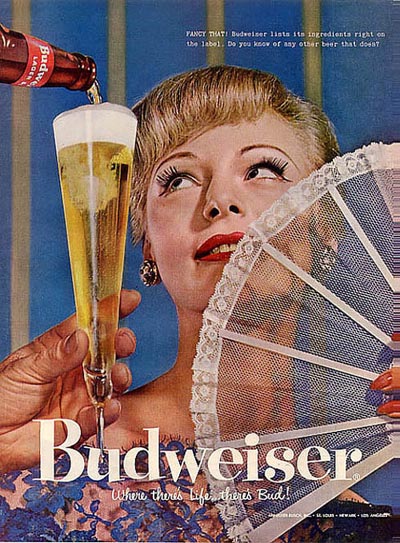 Old Budweiser ads - Woman with fan getting a beer - Budweiser: Where there's Life ... There's Bud!.