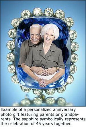 Personalized gifts for anniversary: couple celebrating 45 years illustrate by a blue sapphire.