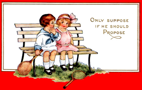 Free Valentine cards to print. Vintage Valentine image of little boy and girl with tennis racquets.