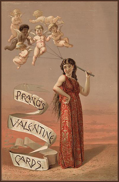 Old antique looking Valentines Day picture of woman in red toga holding several cupids on a string.