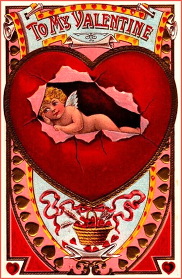 Cupid lying inside red heart on free printable Valentine postcards in old vintage style.