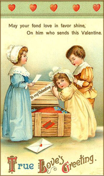 Cute vintage Valentine cards to print. Three children looking inside wooden chest and finding love letters.