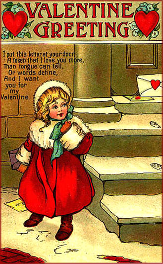 Litlle girl in red standing outside in the snow. There's a letter at the door. Vintage Valentine cards to print.