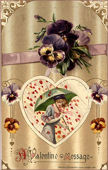 Free Valentines Day pictueres to print. Woman protecting herself with a green umbrella as it is raining with hearts.