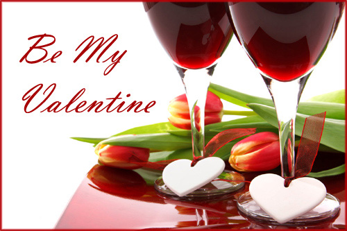 Free printable Valentines. Photo of glasses with red wine, tuplips and two white hearts.