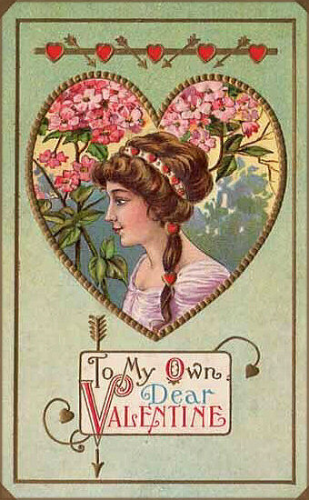 Free printable Valentine card: Woman in profile inside a heart. Pink flowers in the background and written Valentine greeting.