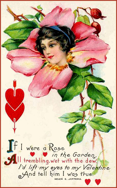 Free printable Valentine postcards in vintage style. Drawing of pink rose with woman's head in the middle and cute Valentine poem.