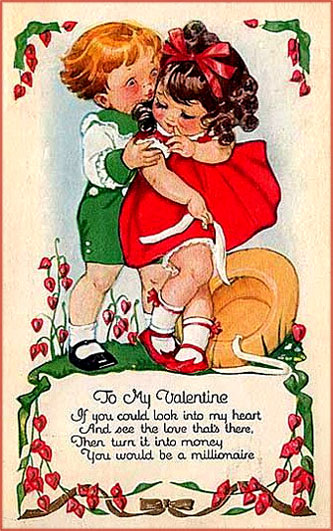Cute vintage Valentines cards of little boy hugging little girl in a red dress. Free printable Valentine cards.