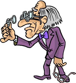 Really funny drawing of old man with three pairs of glasses. Old short sighted man.