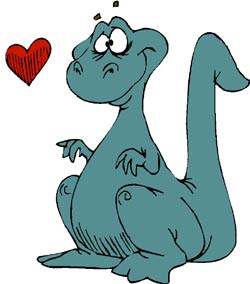 Cute funny drawing of dinosaur with love heart.