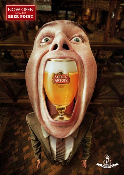 Stella Artois beer ads - Man holding a beer glass in his big open mouth! Now Open! New Pub! Beer Point!