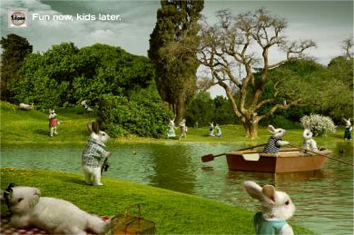 FunnyTulipan condom ads: fun now kids later - bunnies having fun