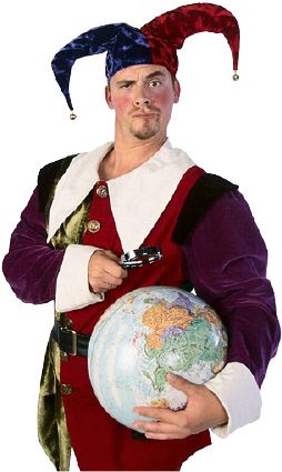 Picture of a funny man with a globe in his hand.