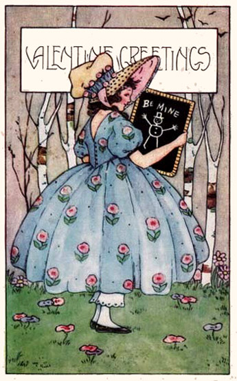 Vintage Valentine's Day card in Art Nouveau style: Woman in dress holding a small blackboard in her hands.