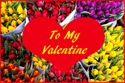 Free Printable Valentine Cards: Photo of colorful tulips and big red heart in the center.