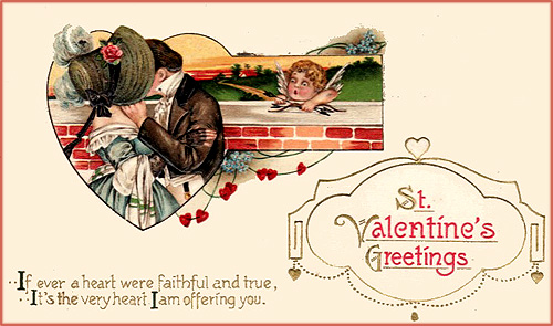 Valentine picture with couple kissing and cupid hiding behind a wall. Sweet Valentine poetry.