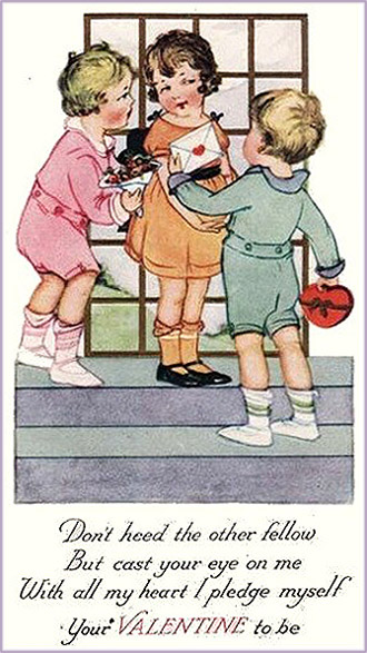 Cute Valentine pictures: Two small boys flirting with little girl trying to win her heart.