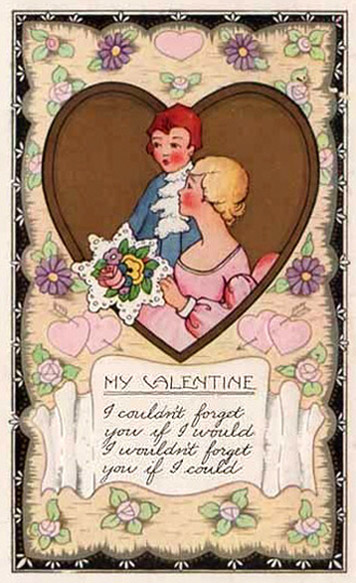Old Colonial Time Valentine Day card: Man and woman inside heart.