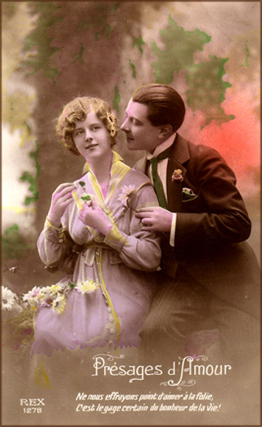 Old Valentine Photograph of man wooing his woman and a French love poem at the bottom.
