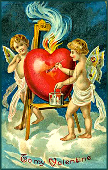 Vintage Valentine's: Two cupid painting a heart red.