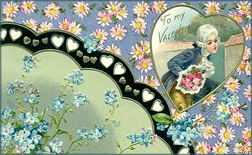 Old Valentine card: Man in a white wig holding on to a bouquet of flowers.