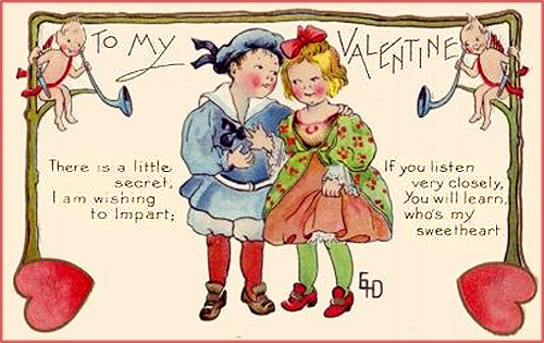 Sweet Valentine cards of children: Here the boy is whispering his Valentine greetings to a little girl.