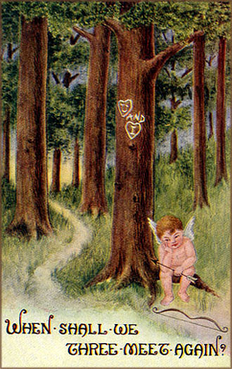 Vintage Valentines Day picture of little Cupid all lost and alone in the forest waiting for a couple in love to swing by.