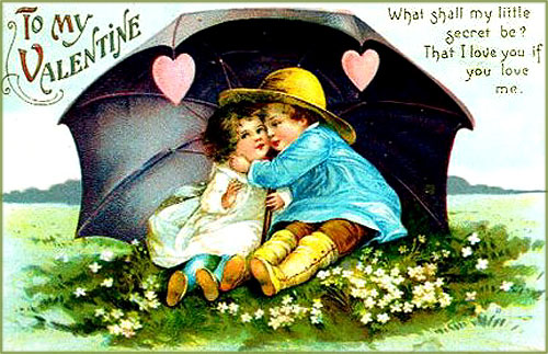 Pretty Valentines Day pictures with kids sitting under a big umbrella. The boy is just about to give the little girl a kiss.