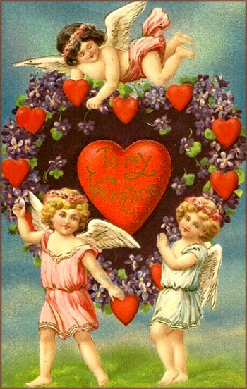 Free Valentine picture in vintage style: Three angels around a great big heart with Valentine greetings.