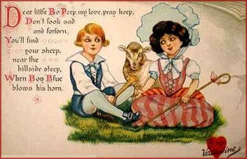Cute Valentines Day card of little girl shepherd and little boy.