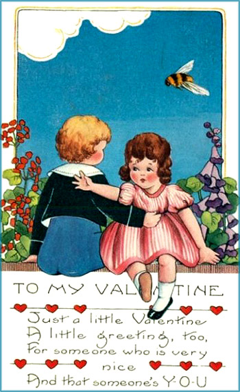 Free Valentine postcard: Vintage picture of two children and a big bee.