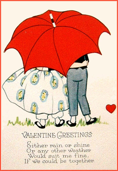 Free Valentines postcards in vintage style: man and woman standing together under a big red umbrella.