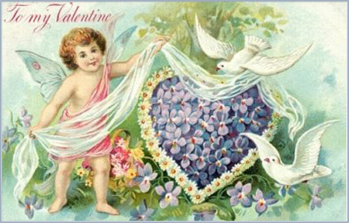 Many Valentine cards feature cupids. Here is a cute cupid with butterfly wings and lots of purple flowers forming a heart.