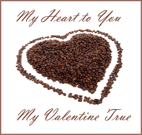 Brown heart made of brown coffee beans. Example of free Valentine card in modern style.