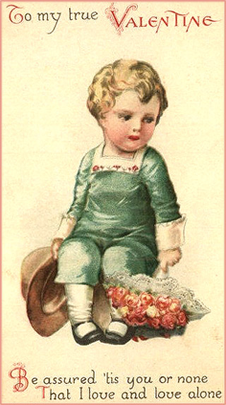 Free Valentines Cards: Cute drawing of little boy in green with big bouquet of roses.