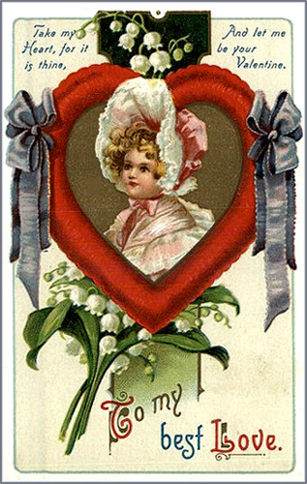 Free Valentines Day cards to print: Old vintage card of young girl inside heart.