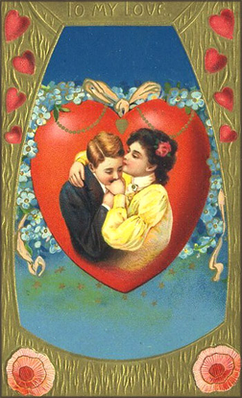 Victorian Valentine pictures: Man kissing a woman's hand.