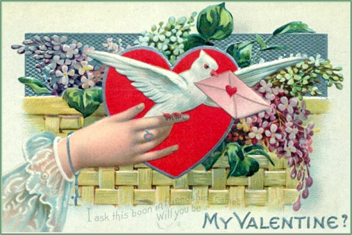 Free Valentines Day cards in vintage style: white dove messanger with love letter.