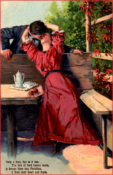 Free Valentines Day cards: Woman in red dress sitting on a bench having a cup of tea while kissing a man.
