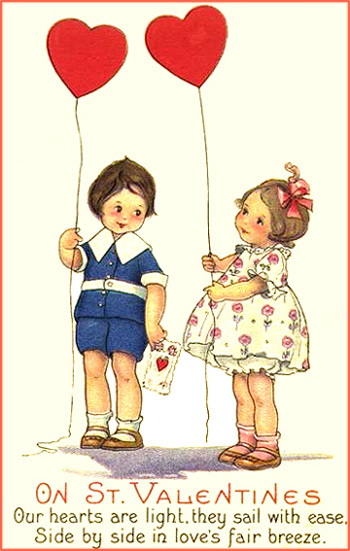 Vintage cards featuring two children with red heart shaped balloons. Free Valentines Day cards.