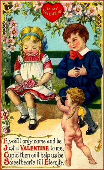 Free Valentines cards: Two kids on a bench and cupid pointing his arrow at the girl.