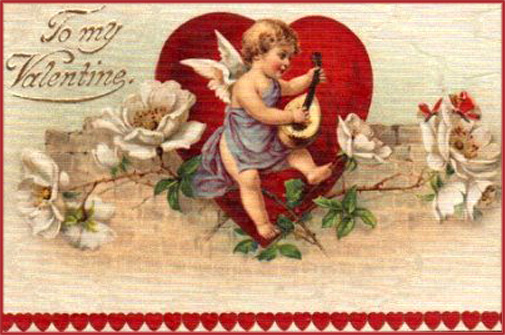 Old Valentines Day postcard: Little angel or cupid playing on a guitar like instrument.
