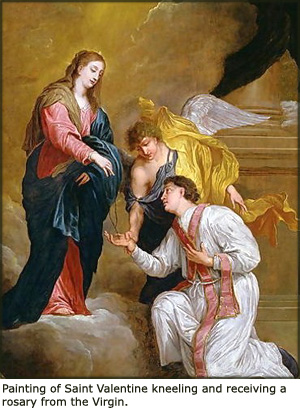Painting of Saint Valentine receiving a rosary from the Virgin.