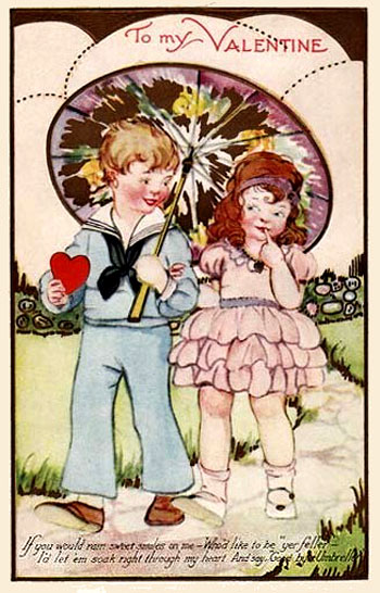 Valentine greeting card: Two kids walking under a big umbrella.