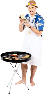 Man in apron cooking with a grill. 