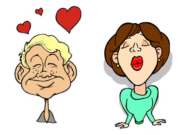 Funny Dating Dictionary: Funny drawing of man in love and woman with pursing lips.