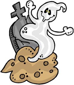 Short funny jokes: Funny drawing of happy ghost coming up from grave at graveyard.