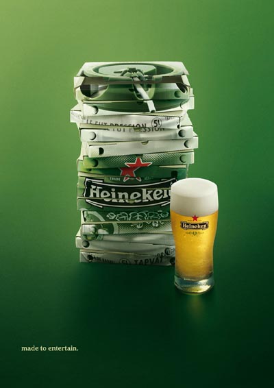 Heineken beer commercial - a pile of pizza boxes