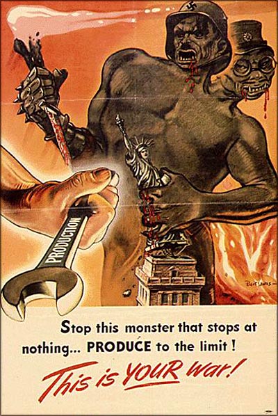 Old vintage American wartime poster anti Nazi and anti Japanese.